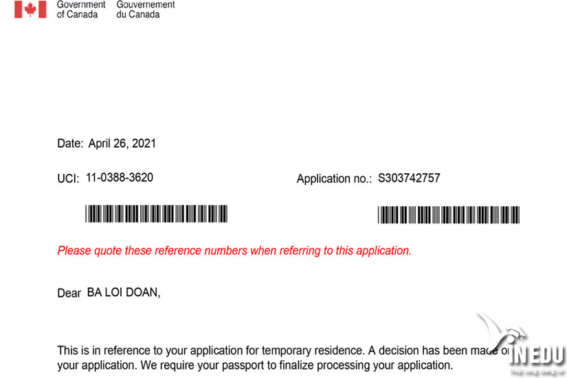 Đoàn Bá Lợi đậu visa Canada